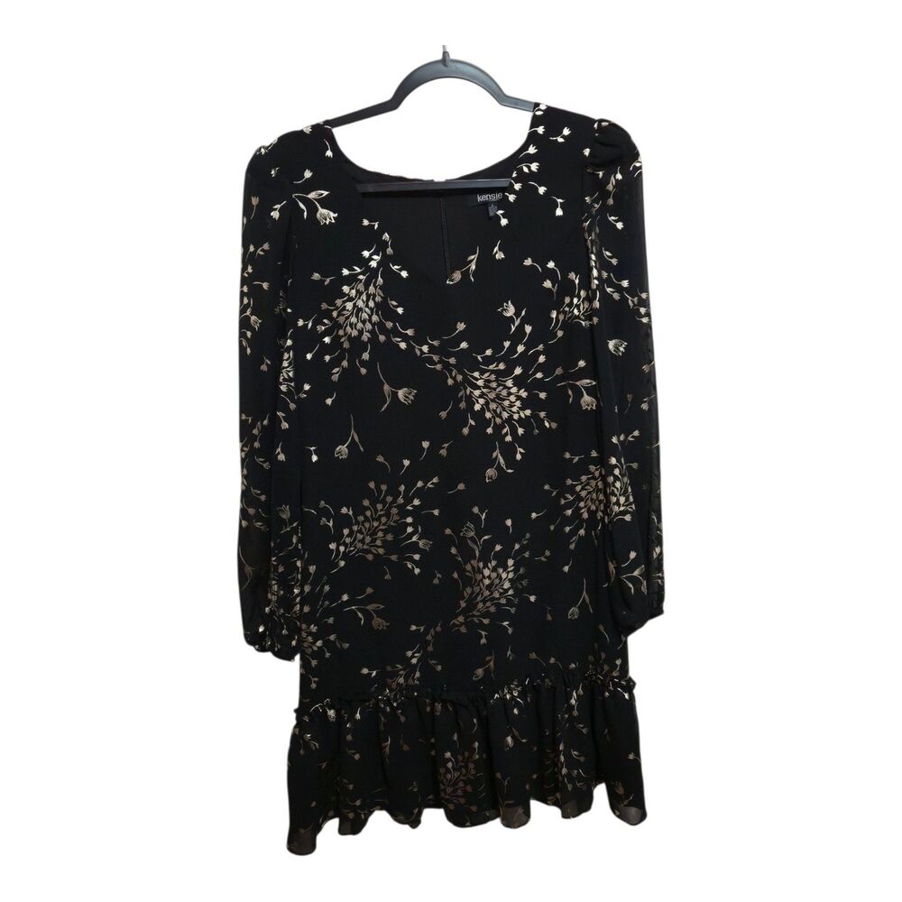 Kensie Dress Size 2 Black Gold Metallic Print Party Wedding Guest Whimsigoth NEW